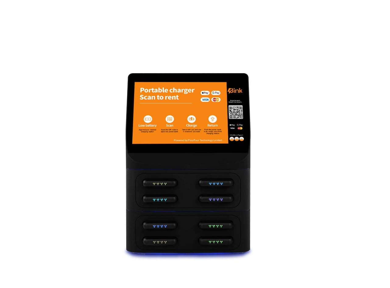 Black Bink rental station with eight illuminated power-bank slots
